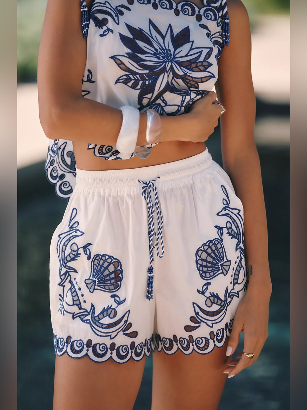 Farm Rio: Garden Tiles Embroidered Richelieu Shorts - Picture 4 of 8